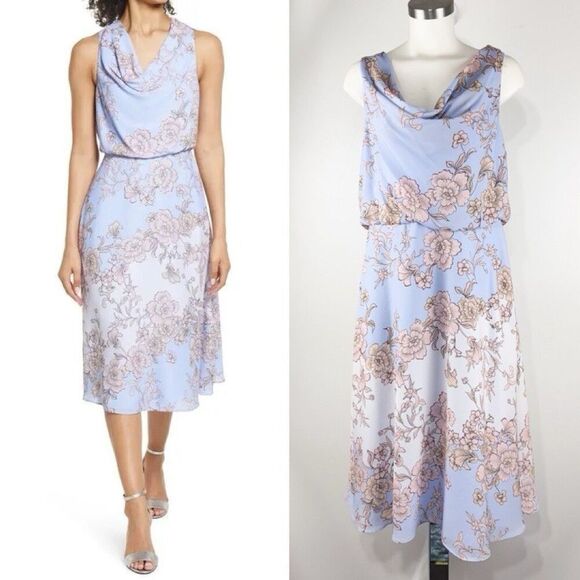 VINCE CAMUTO Floral Cowl Neck Bow Back Crepe Midi Spring Dress Size 11 - Picture 1 of 8